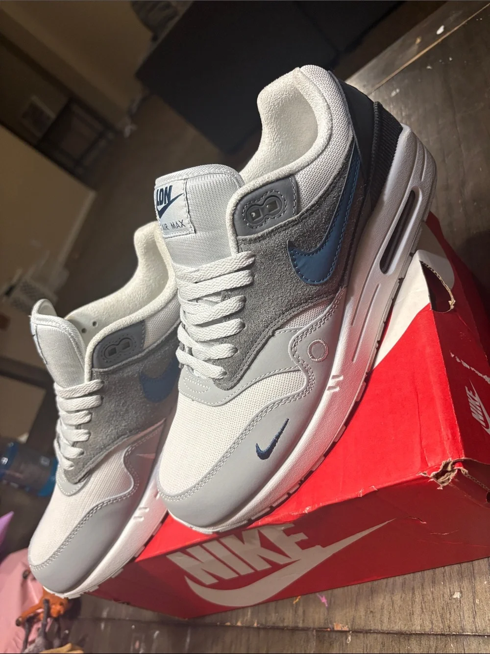 Nike Men’s Air Max 1 Sneakers - White, Gray & Blue